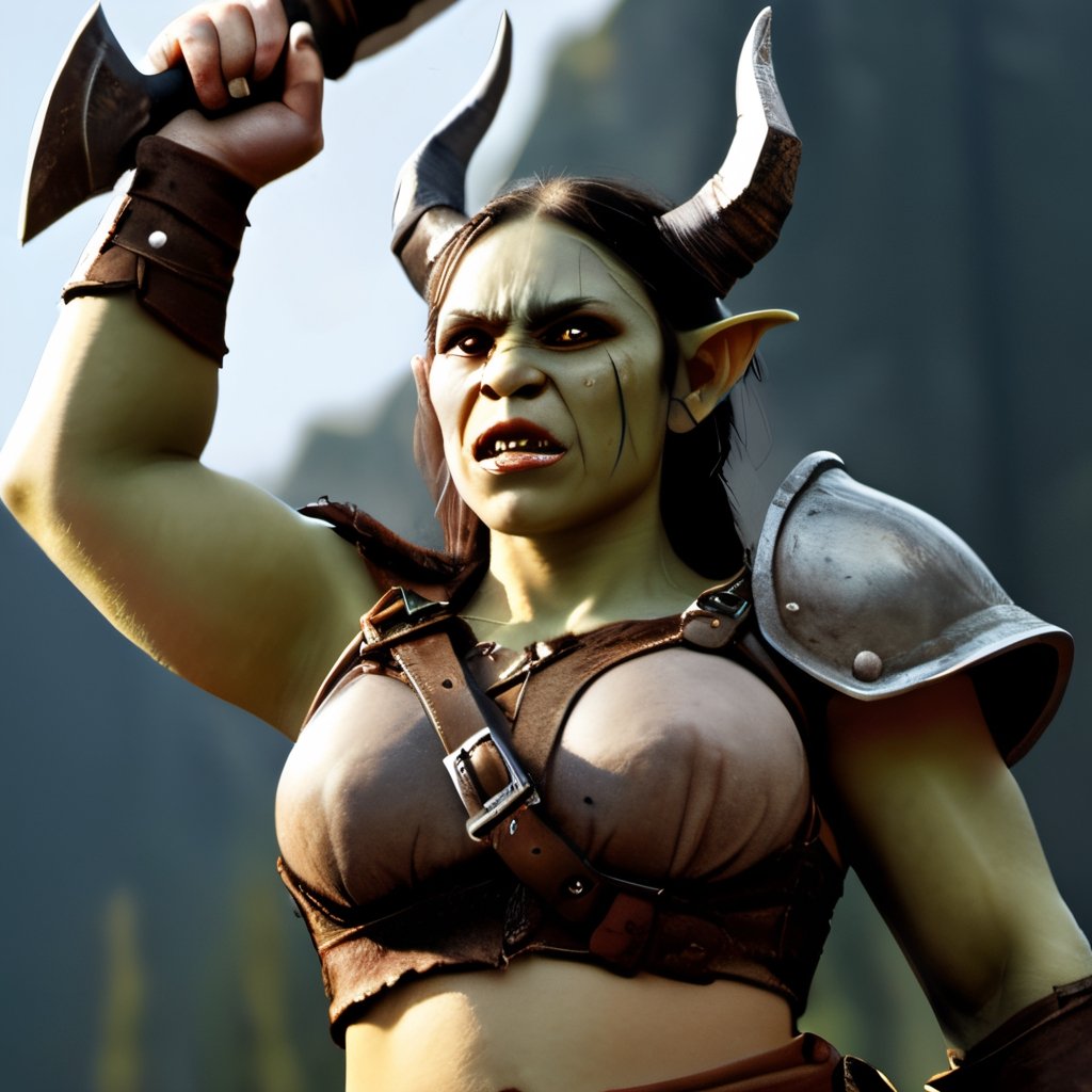 Prompt: A female orc holding one arm in the air, with a victorious expression on its face.

Style: Realistic, with a focus on detail and lighting.

Medium: Digital painting.

Colors: Warm and earthy tones, with a focus on the orc's skin and hair.

Details: The orc should be wearing traditional orcish armor, such as a leather chestplate and a metal helmet with horns. It should also be holding a large axe in its other hand.

Composition: The orc should be in the center of the frame, with its arm raised high in the air. The background should be blurred, with a focus on the orc and its expression.