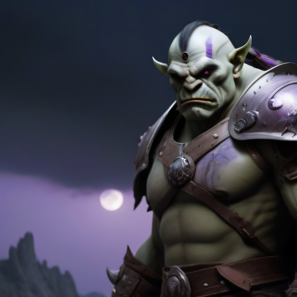 Seven foot tall male orc with purple eyes.  One arm held high with a closed fist.  Wearing half plate armor.  The sky is dark with a full moon.