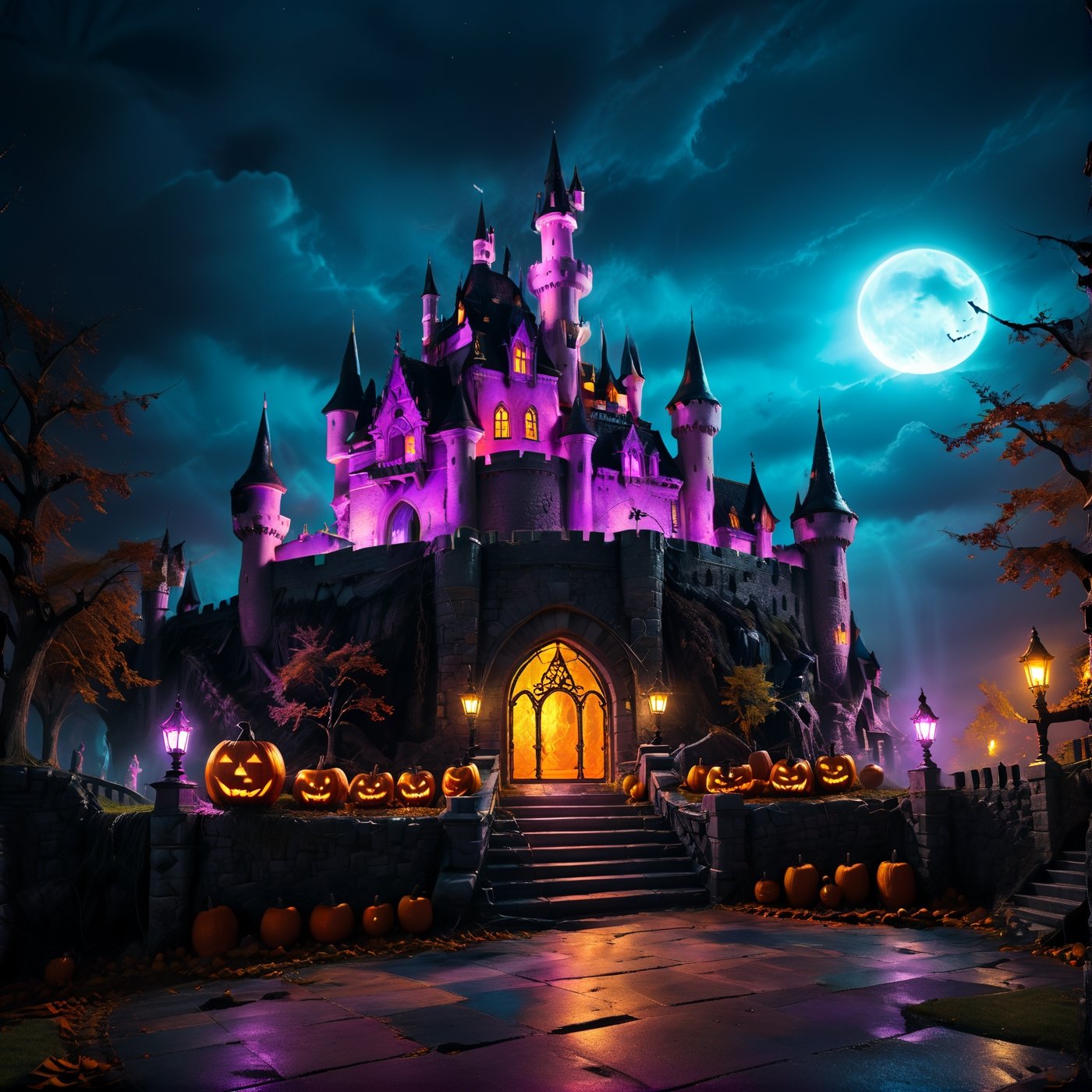 Sinister landscape, (dramatic style), (photorealistic), ultra detailed aspect,  Sinister landscape, (dramatic style), perfectly illuminated and sharp photo (Children's Halloween castle illuminated with colorful neons in a magical landscape), terrifying landscape, Halloween style, horror movie, more detail XL, aw0k geometry