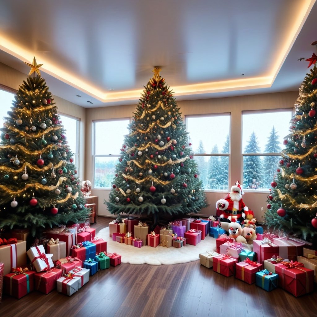 (ohoto-realistic), (best quality), HDR 32k, (view from 1cm from the floor), a huge room with a multitude of Christmas decorations, walls decorated with Christmas lights, (giant Christmas tree), many giant toys, all ultra detailed, (ultra realistic), perfect Christmas lighting, fantastic style , ultra sharp