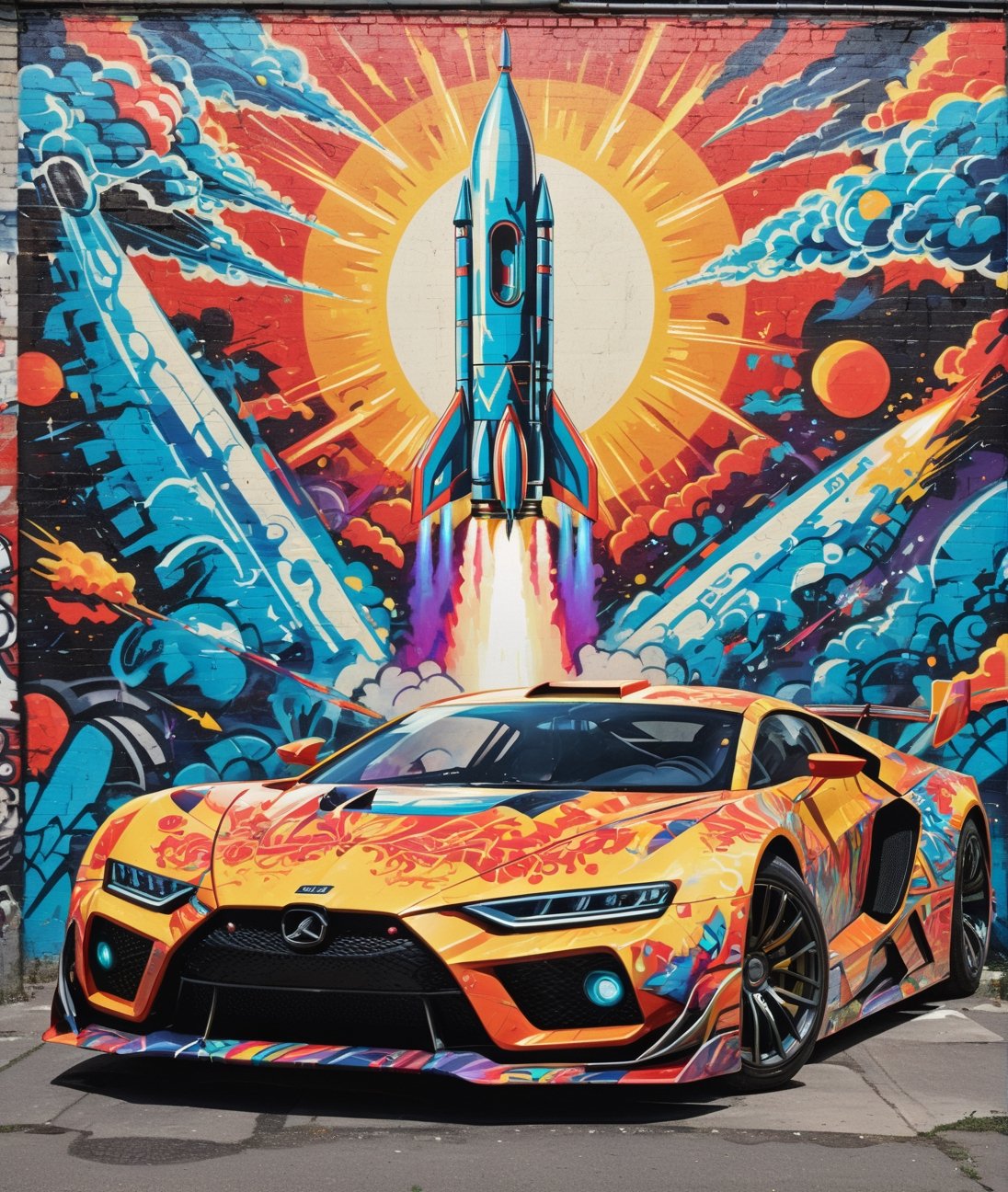 high quality, 8K Ultra HD, Abstract Sunshine Car Futuristic Graffiti Chromatic Rocket, highly detailed,, best quality, ultra high resolution, detailed, raw photo, (ultra sharp) ,more detail XL,DonM3l3m3nt4lXL,arrstyle,3l3ctronics,Ukiyo-e