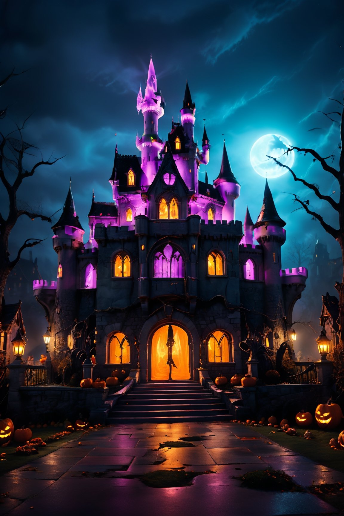 Sinister landscape, (dramatic style), (photorealistic), ultra detailed, perfectly illuminated and sharp photoSinister landscape, (dramatic style), (photorealistic), ultra detailed, perfectly illuminated and sharp photo of a (Children's Halloween castle illuminated with neon in a magical landscape), terrifying landscape, Halloween style, horror movie, more detail XL, aw0k geometry