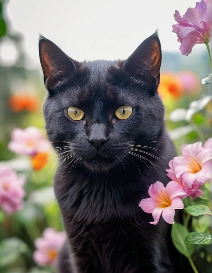 (Best quality), A (photographic shot) (Close up) of a majestic black cat, very blurry, ((made completely of flowers)), (Composite and flower skull), perfect contrast, (ultra detailed), (hdr resolution), a wild environment is shown and with vegetation, with exotic tropical plants that shine in neon tones, rock formations in the distance. (Beautiful natural lighting) at dusk. The camera used is a high resolution DSLR with a 100mm macro lens to capture every detail of the flower petals. The photograph is (taken at a dynamic angle), with a (sharp focus) on its bright colors and the captivating landscape that surrounds it.