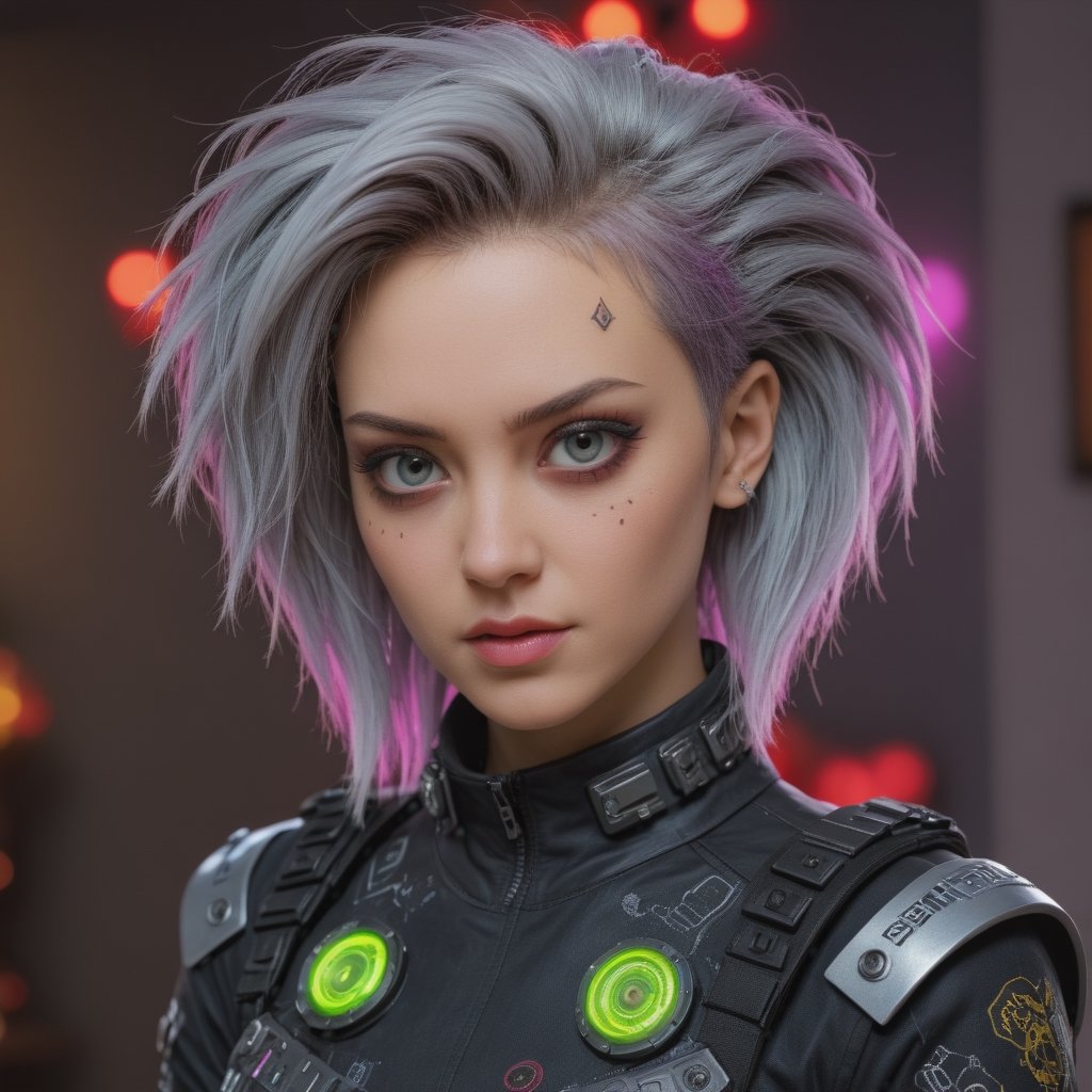 best quality, masterpiece, (futuristic photo of a cyberpunk woman), hyper-realistic, ultra detailed punk hair, grey eyes, fantasy style, clothes with (Christmas themes),, (living room decorated for christmas), (acid colors), perfect contrast,Extremely Realistic,Movie Still,ral-chrcrts,<lora:659095807385103906:1.0>