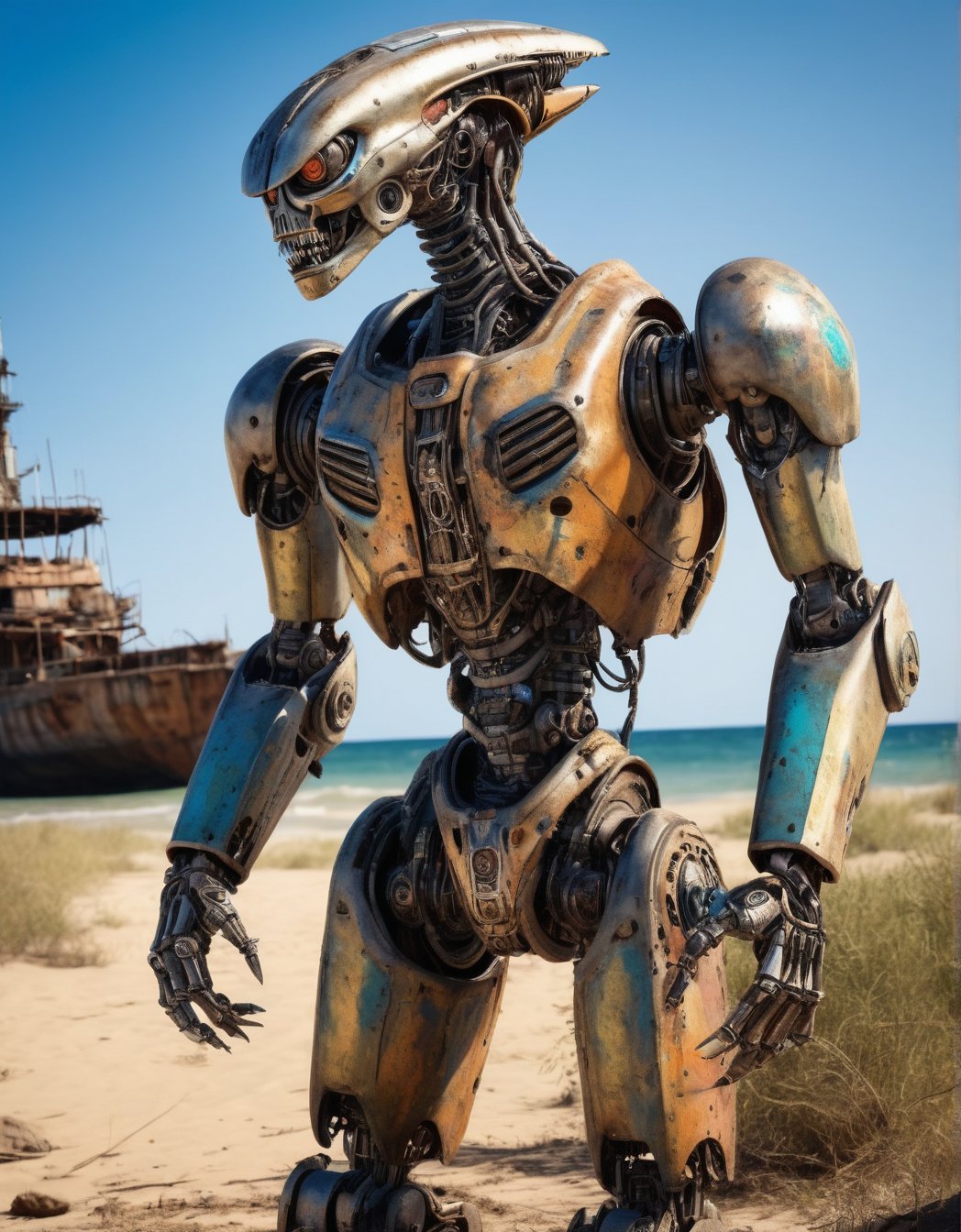Ultra-realistic, hyper-detailed and very sharp photographic representation of a Incredible deteriorated robot with alien appearance,  (Enhancer textures), (Enhancer anatomy), metallic colors on its body, intrinsic details on its armor, defense position, background of an abandoned ship, (vivid colors), (perfect contrast), (better appearance)