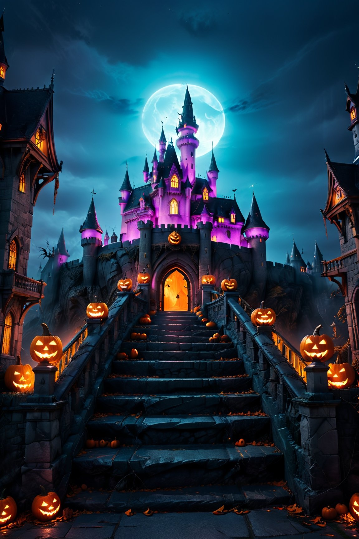 Sinister landscape, (dramatic style), (photorealistic), ultra detailed, perfectly illuminated and sharp photoSinister landscape, (dramatic style), (photorealistic), ultra detailed, perfectly illuminated and sharp photo of a (Children's Halloween castle illuminated with neon in a magical landscape), terrifying landscape, Halloween style, horror movie, more detail XL, aw0k geometry