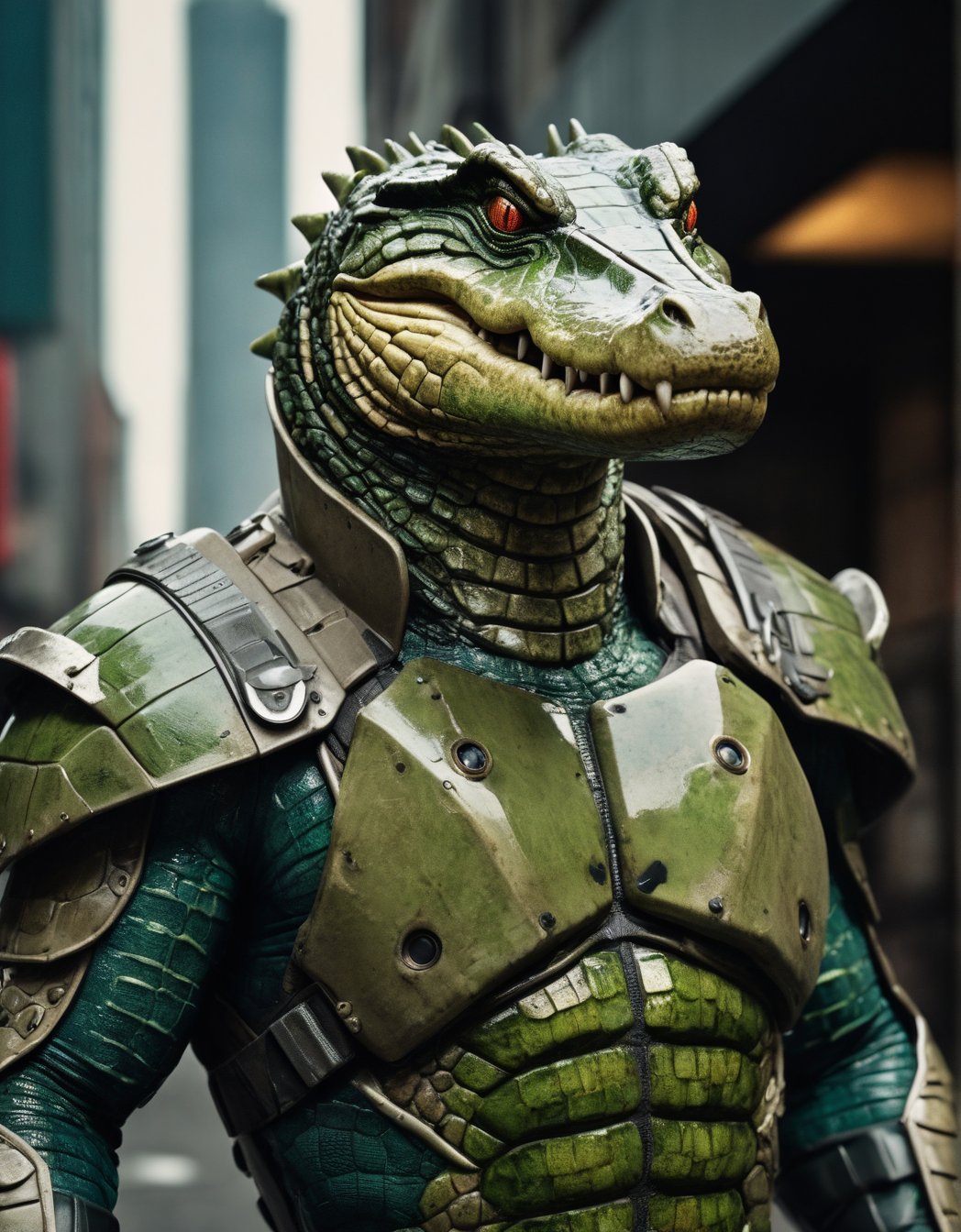 (hyper-detailed photographic Portrait) of a futuristic crocodile soldier with an (ultra-realistic appearance), (Enhancer textures), (Enhancer anatomy), the crocodile has green scales and a fierce expressionin with metallic futuristic armor, Distressed and damaged appearance, signs of struggle, (Marvel style), in a dystopian urban setting, (vivid colors), (perfect contrast), (better lightning),cinematic style,more detail XL