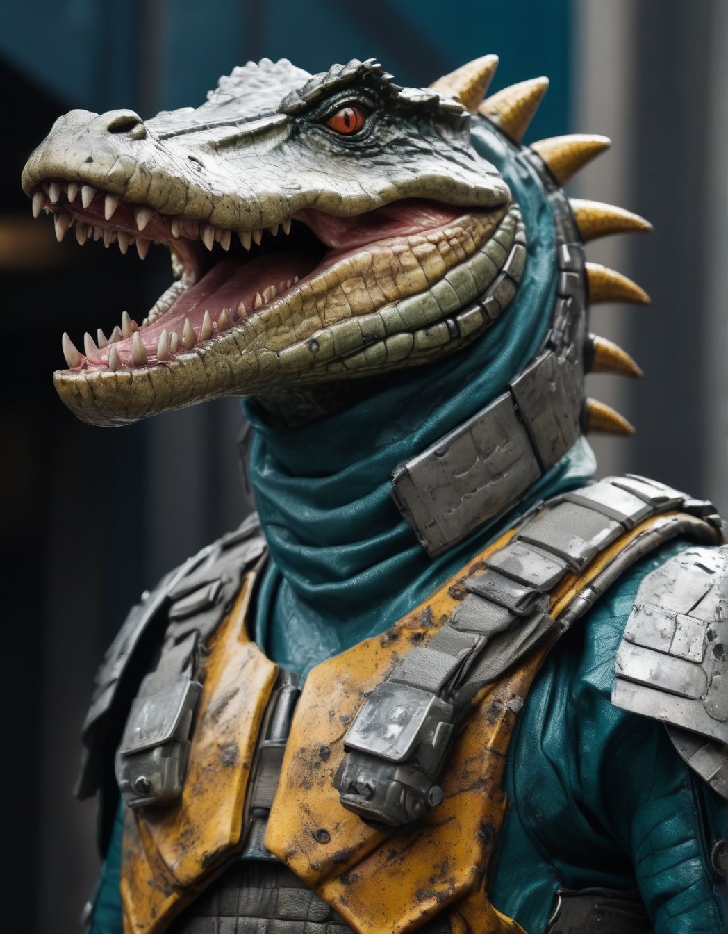 hyper-detailed Photography from different angles, (ultra dynamic shot) of a futuristic crocodile soldier with an (ultra-realistic appearance), (Enhancer textures), (Enhancer anatomy), intrinsic details of your skin and a fierce expressionin with worn metallic futuristic armor, Distressed and damaged appearance, signs of struggle, (Marvel style), in a dystopian urban setting, (vivid colors), (perfect contrast), (better lightning),cinematic style,more detail XL