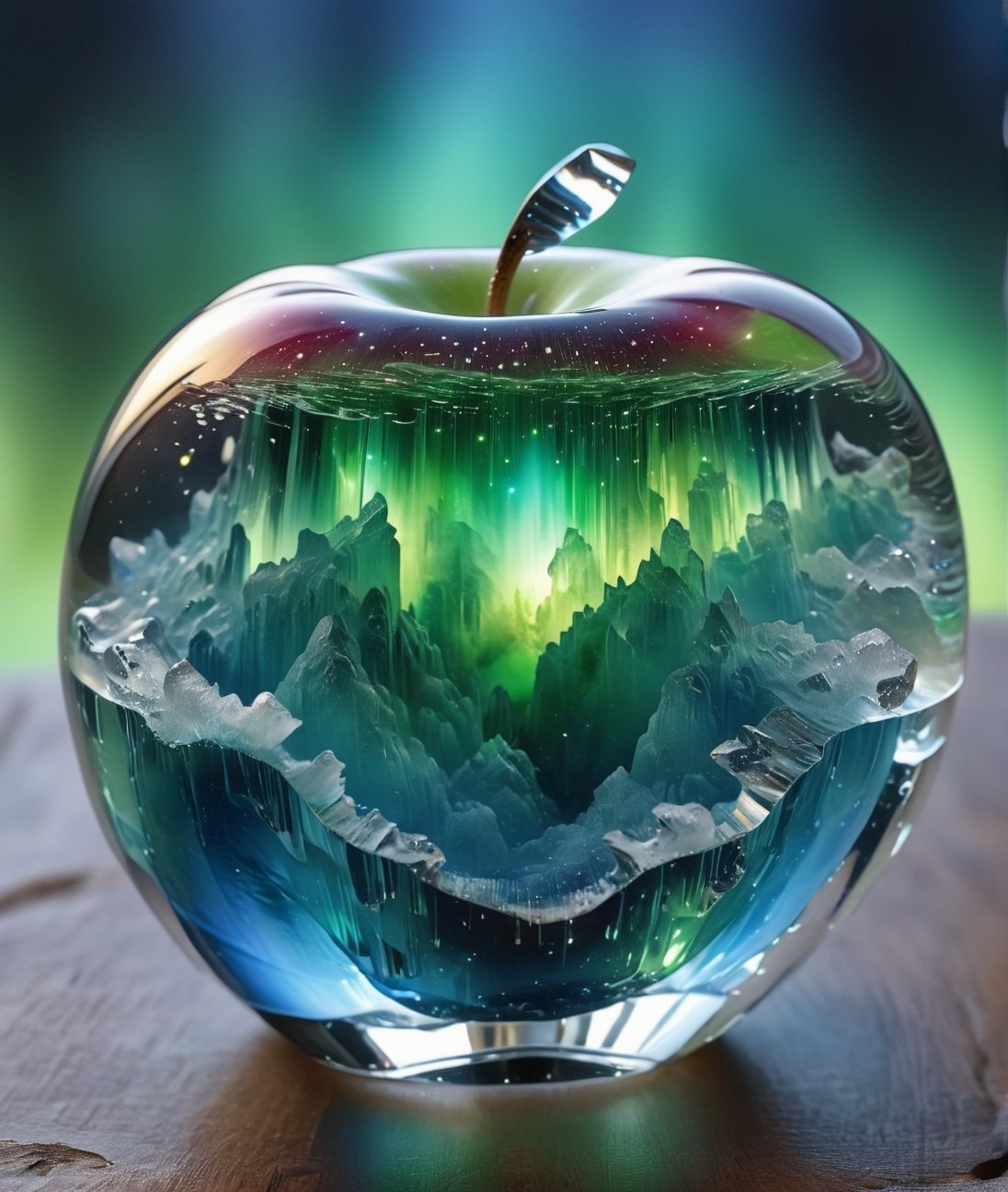 high quality, 8K Ultra HD, aurora scenery inside an apple made of crystal, by yukisakura, high detailed,, best quality, ultra high resolution, detailed, raw photo, (ultra sharp) ,more detail XL,DonM3l3m3nt4lXL,arrstyle