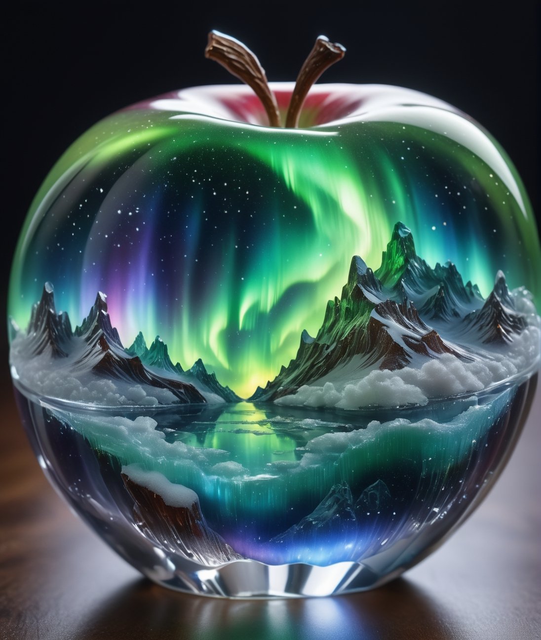 high quality, 8K Ultra HD, aurora scenery inside an apple made of crystal, by yukisakura, high detailed,, best quality, ultra high resolution, detailed, raw photo, (ultra sharp) ,more detail XL,DonM3l3m3nt4lXL,arrstyle