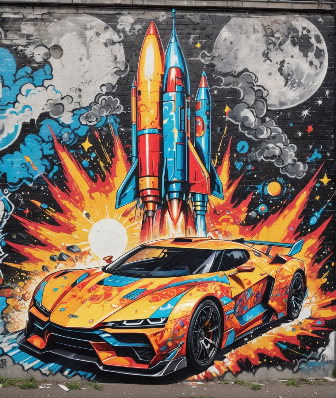 high quality, 8K Ultra HD, Abstract Sunshine Car Futuristic Graffiti Chromatic Rocket, highly detailed,, best quality, ultra high resolution, detailed, raw photo, (ultra sharp) ,more detail XL,DonM3l3m3nt4lXL,arrstyle,3l3ctronics,Ukiyo-e