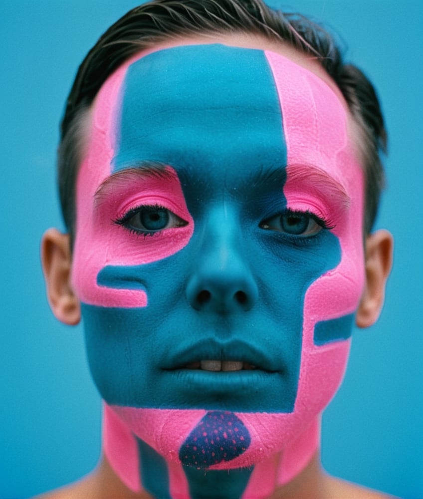 Photograph of a weird man, (shot on Kodak Ektar 100), in the ((style of dot glitch)), anti-realism, (neon pink + blue), style raw, stylized, nijidefinition detailed realism, detailed, skin texture, hyper detailed, realistic skin texture, facial features, armature, best quality, ultra high resolution, detailed, raw photo, ultra sharp 