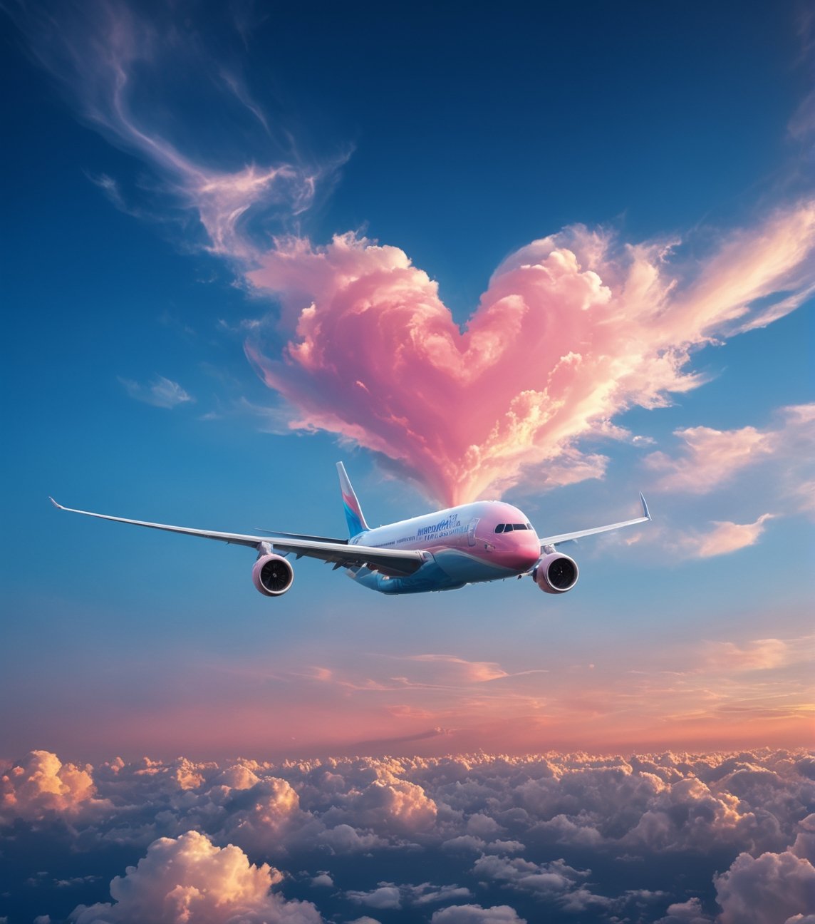 fantastic photograph, close up of a (realistic airplane flying) in of a precious heart shaped clouds, pink sky blue gradient, realistic sunset, heavenly majestic heart, ultra detailed textures sky , , (best quality), ultra high resolution, (ultra sharp), (valentine style), fantasy art,outline,cloud that looks like,more detail XL