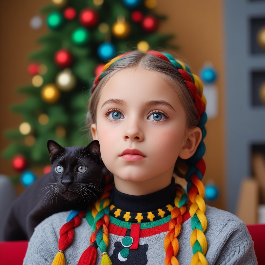 best quality, masterpiece, (futuristic photo of litle panther), colorful hair, grey eyes, national geography style, clothes with Christmas themes, looking up, upper body, hair strand, Fair skin, side braids, (living room decorated for christmas), (acid colors), perfect contrast,<lora:659095807385103906:1.0>