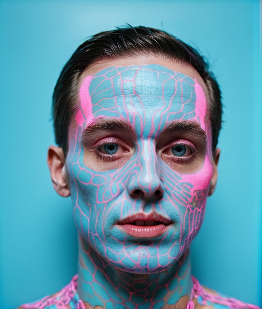 Photograph of a weird man, (shot on Kodak Ektar 100), in the ((style of dot glitch)), anti-realism, (neon pink + blue), style raw, stylized, nijidefinition detailed realism, detailed, skin texture, hyper detailed, realistic neon skin texture, facial features, armature, best quality, ultra high resolution, detailed, raw photo, ultra sharp 