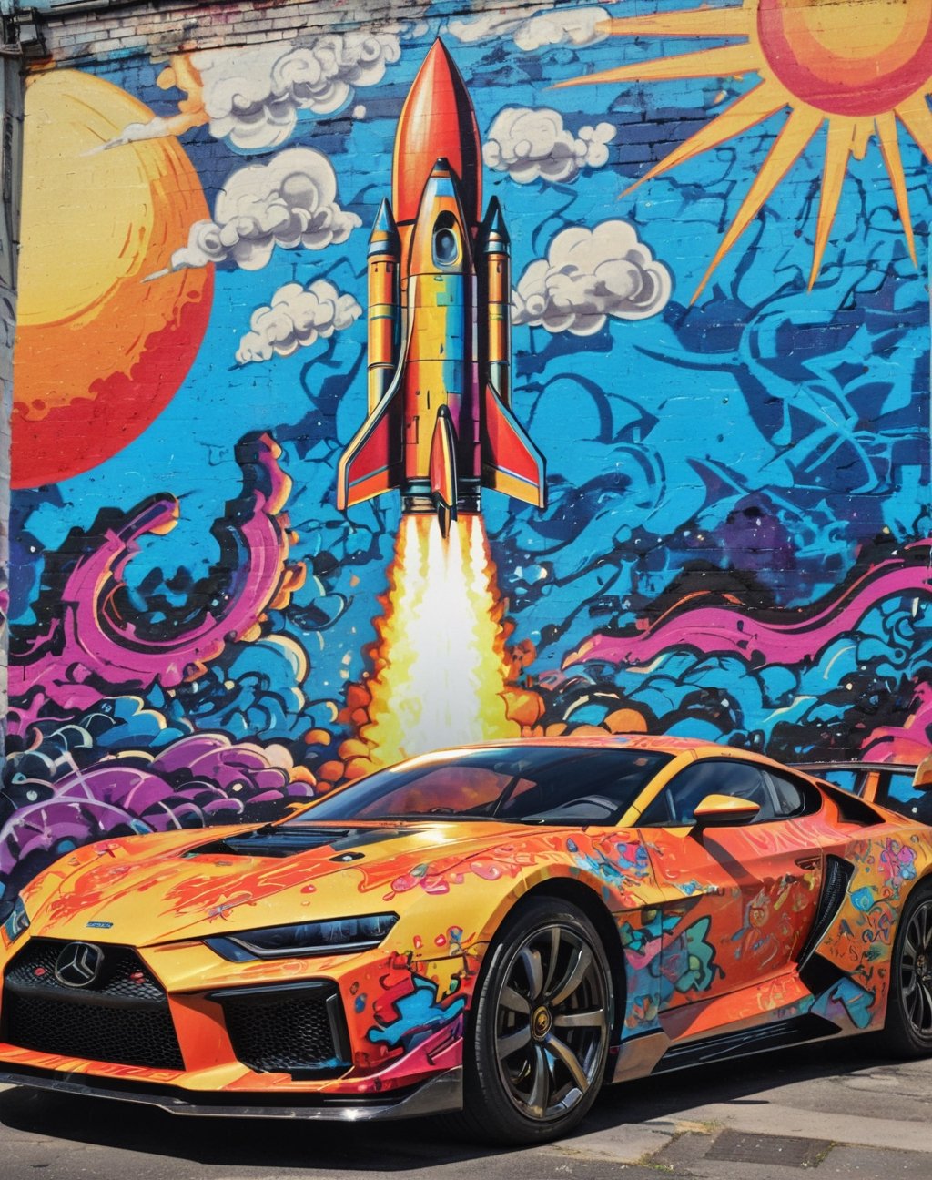 high quality, 8K Ultra HD, Abstract Sunshine Car Futuristic Graffiti Chromatic Rocket, highly detailed,, best quality, ultra high resolution, detailed, raw photo, (ultra sharp) ,more detail XL,DonM3l3m3nt4lXL,arrstyle,3l3ctronics,Ukiyo-e