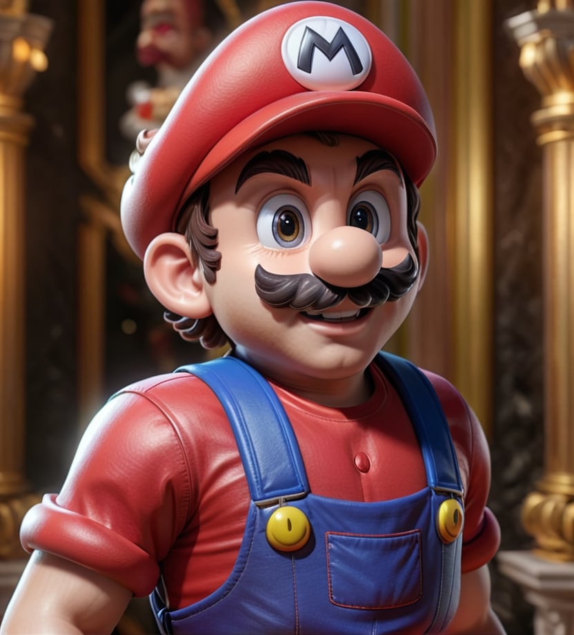 hyper Realistic Mario character from Super Mario Bross, (alien Rococo style), vibrant colors, dynamic lighting, ultra detailed texture work, entorno celebracion en mansion, photorealistic, 8k resolution, hyper-detailed lighting, cinematic quality