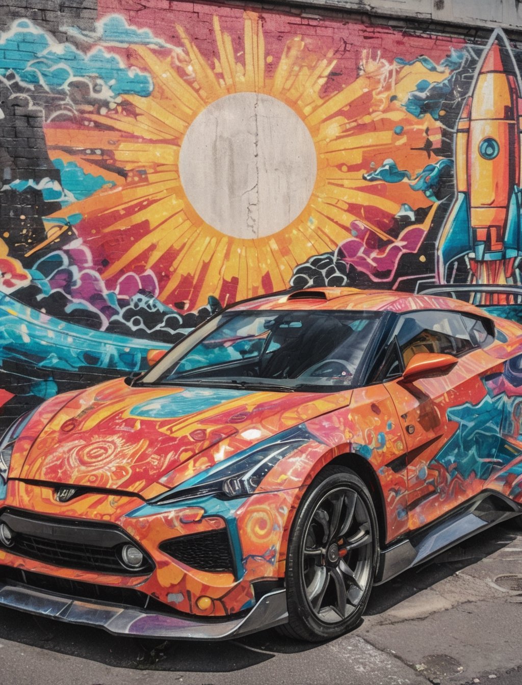 high quality, 8K Ultra HD, Abstract Sunshine Car Futuristic Graffiti Chromatic Rocket, highly detailed,, best quality, ultra high resolution, detailed, raw photo, (ultra sharp) ,more detail XL,DonM3l3m3nt4lXL,arrstyle,3l3ctronics,Ukiyo-e