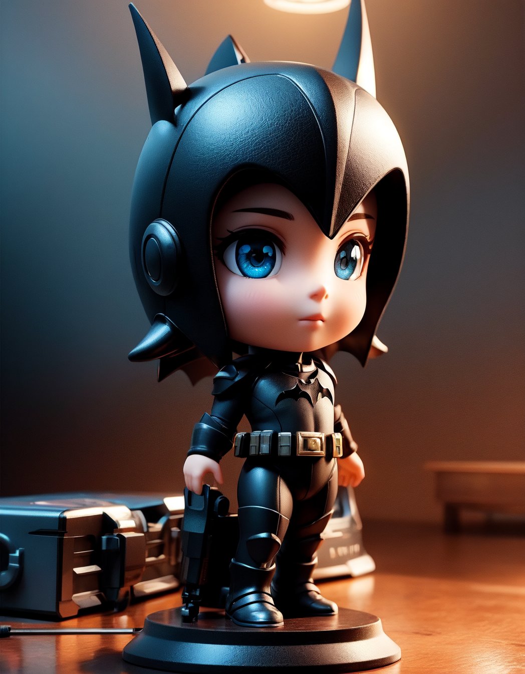 ((1 person)), Batman, small superhero, full body, chibi, 3D figure of Batman, Batman helmet, Batman in action, Great detail in the armor, Light details in the classic black armor, face detailed, beautiful eyes, official Batman uniform, Pose in action, dynamic pose, futuristic architecture, natural light at sunset, quality ((realistic)): 1.2), dynamic distance shooting, cinematic lighting, (In a children's room), (on a desk table), perfect composition, super detail, official art, masterpiece, (best) quality: 1.3), reflection, CG Unity 8K high resolution wallpaper, detailed background, masterpiece, (photorealistic): 1.2), random angle, side angle, chibi, full body, mikdef, imperial officer uniform, micro key chest