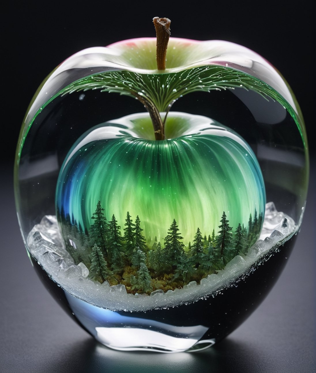 high quality, 8K Ultra HD, aurora scenery inside an apple made of crystal, by yukisakura, high detailed,, best quality, ultra high resolution, detailed, raw photo, (ultra sharp) ,more detail XL,DonM3l3m3nt4lXL,arrstyle,3l3ctronics