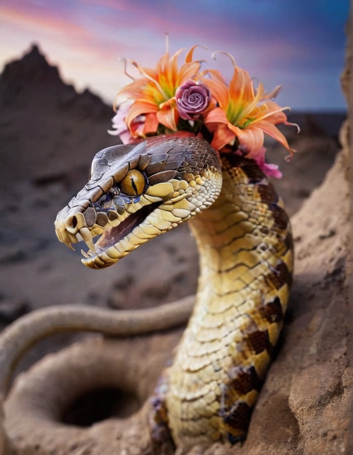 (Best quality), A (photographic shot) of (awe-inspiring snake) with muscular body, amber eyes, bronze brown armored scales, venomous fangs, coiling tail, gemstone-studded scales frills, set in a barren desert wasteland, with cracked earth and the remains of ancient structures, a place of mystery and danger, at dawn, ((made completely of flowers)), (Composite and flower skull), perfect contrast, (ultra detailed), (hdr resolution), a wild environment is shown and with vegetation, with exotic tropical plants that shine in neon tones, rock formations in the distance. (Beautiful natural lighting) at dusk. The camera used is a high resolution DSLR with a 100mm macro lens to capture every detail of the flower petals. The photograph is (taken at a dynamic angle), with a (sharp focus) on its bright colors and the captivating landscape that surrounds it.