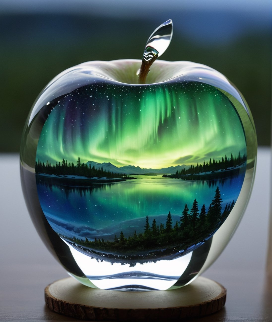 high quality, 8K Ultra HD, aurora scenery inside an apple made of crystal, by yukisakura, high detailed,, best quality, ultra high resolution, detailed, raw photo, (ultra sharp) ,more detail XL,DonM3l3m3nt4lXL,arrstyle,3l3ctronics