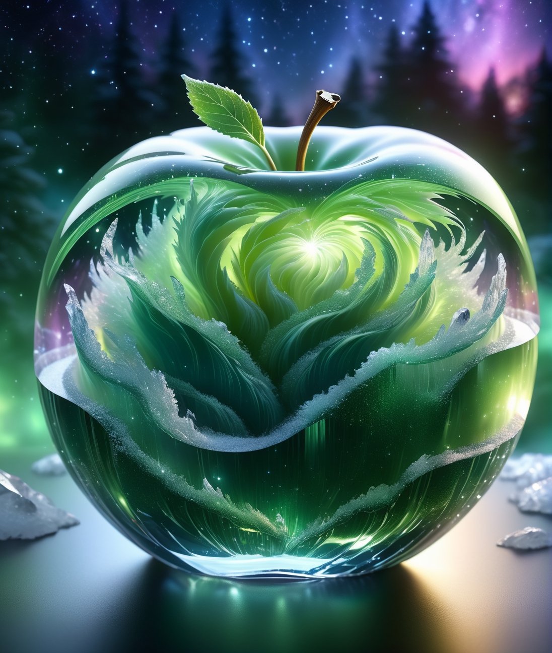 high quality, 8K Ultra HD, aurora scenery inside an apple made of crystal, by yukisakura, high detailed,, best quality, ultra high resolution, detailed, raw photo, (ultra sharp) ,more detail XL,DonM3l3m3nt4lXL