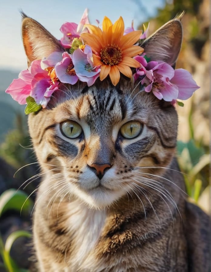 (Best quality), A (photographic shot) (Close up) of a majestic cat ((made completely of flowers)), (Composite and flower skull), perfect contrast, (ultra detailed), (hdr resolution), a wild environment is shown and with vegetation, with exotic tropical plants that shine in neon tones, rock formations in the distance. (Beautiful natural lighting) at dusk. The camera used is a high resolution DSLR with a 100mm macro lens to capture every detail of the flower petals. The photograph is (taken at a lower angle), with a (sharp focus) on its bright colors and the captivating landscape that surrounds it.