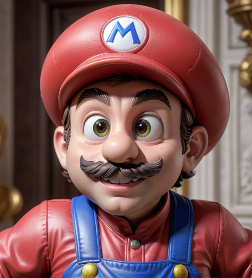 hyper Realistic Mario character from Super Mario Bross, (alien Rococo style), vibrant colors, dynamic lighting, ultra detailed texture work, entorno celebracion en mansion, photorealistic, 8k resolution, hyper-detailed lighting, cinematic quality