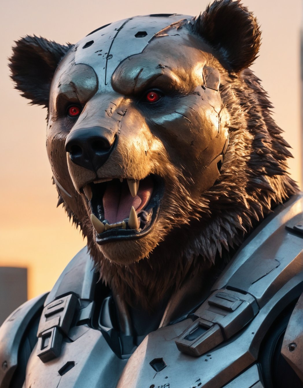 hyper-detailed (dynamic Photographic ultra close up) from (different angles) of a futuristic bear soldier with an (ultra-realistic appearance), (Enhancer textures), (Enhancer anatomy), intrinsic details of your skin and a fierce expressionin with worn metallic futuristic armor, Distressed and damaged appearance, signs of struggle, (Marvel style), in a dystopian urban setting, at sunset, (vivid colors), (perfect contrast), (better lightning),cinematic style,more detail XL