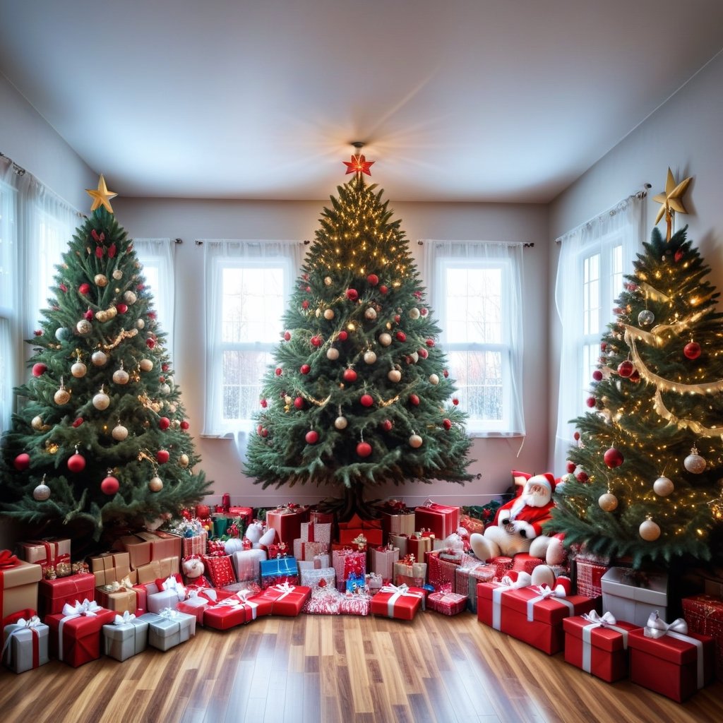 (ohoto-realistic), (best quality), HDR 32k, (view from 1cm from the floor), a huge room with a multitude of Christmas decorations, walls decorated with Christmas lights, (giant Christmas tree), many giant toys, all ultra detailed, (ultra realistic), perfect Christmas lighting, fantastic style , ultra sharp