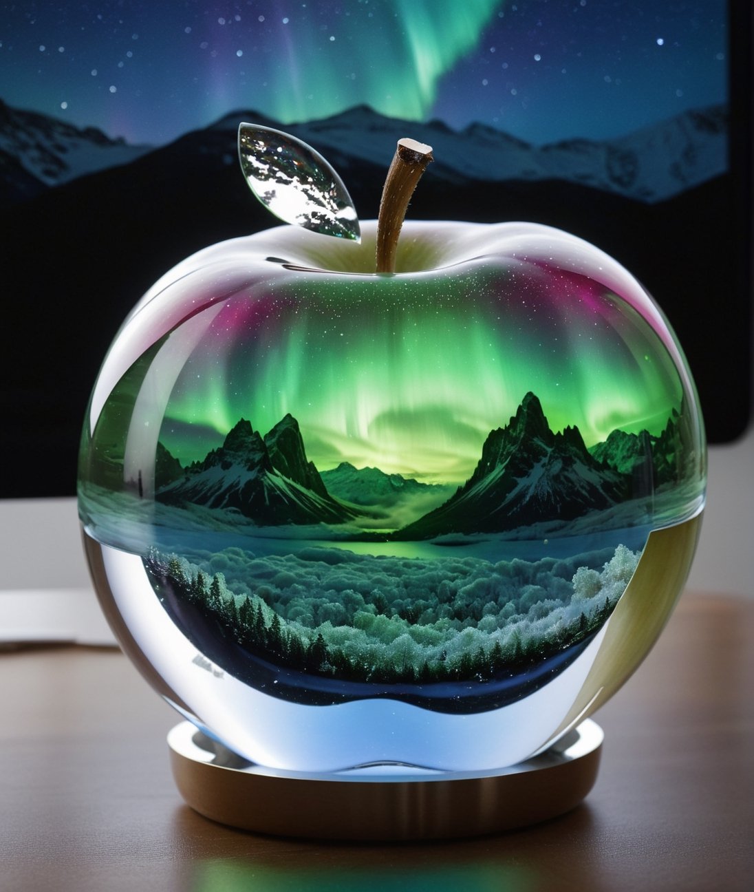 high quality, 8K Ultra HD, aurora scenery inside an apple made of crystal, by yukisakura, high detailed,, best quality, ultra high resolution, detailed, raw photo, (ultra sharp) ,more detail XL,DonM3l3m3nt4lXL,arrstyle,3l3ctronics