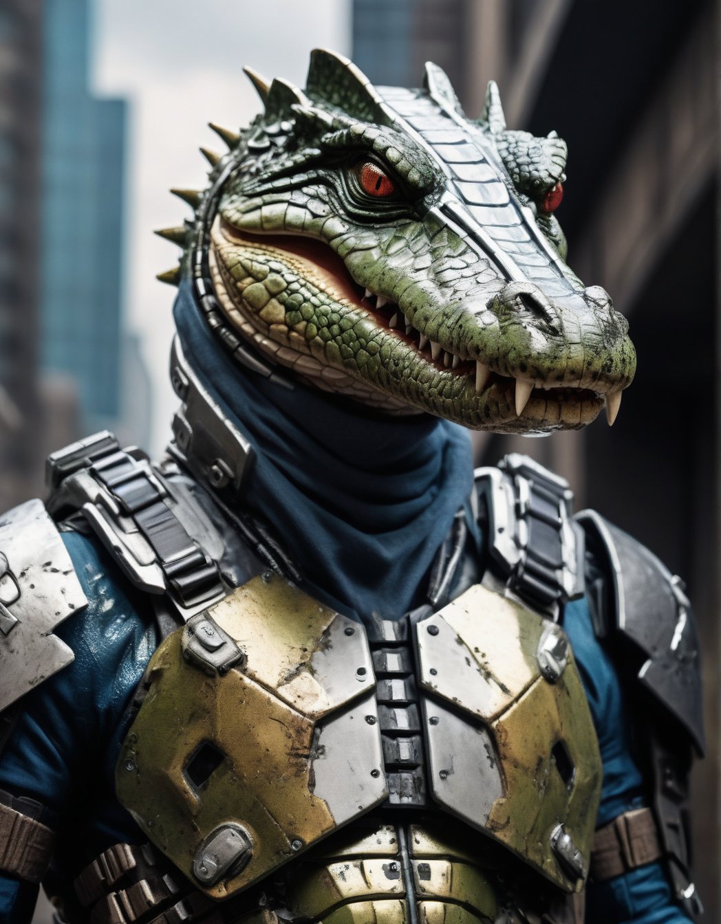 hyper-detailed Photography from different angles, (ultra dynamic shot) of a futuristic crocodile soldier with an (ultra-realistic appearance), (Enhancer textures), (Enhancer anatomy), intrinsic details of your skin and a fierce expressionin with worn metallic futuristic armor, Distressed and damaged appearance, signs of struggle, (Marvel style), in a dystopian urban setting, (vivid colors), (perfect contrast), (better lightning),cinematic style,more detail XL