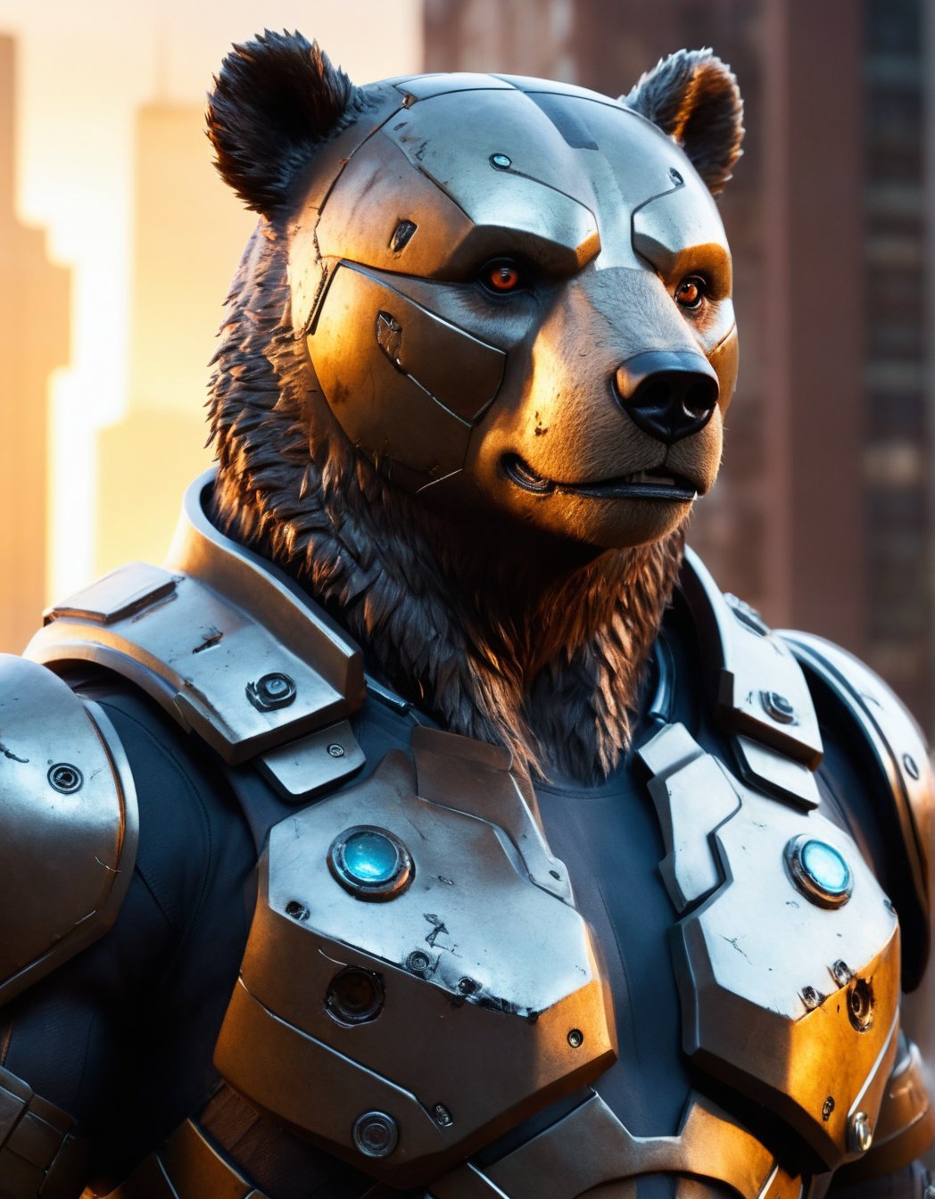 hyper-detailed (dynamic Photographic ultra close up) from (different angles) of a futuristic bear soldier with an (ultra-realistic appearance), (Enhancer textures), (Enhancer anatomy), intrinsic details of your skin and a fierce expressionin with worn metallic futuristic armor, Distressed and damaged appearance, signs of struggle, (Marvel style), in a dystopian urban setting, at sunset, (vivid colors), (perfect contrast), (better lightning),cinematic style,more detail XL