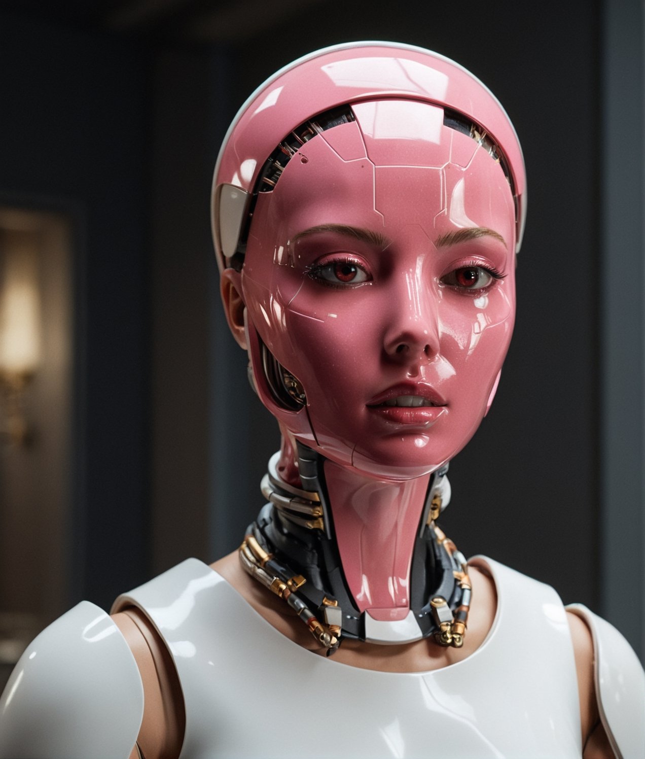 robot_domestic_vintage_maid_female_high-tech, futuristic:1.5, sci-fi:1.6, (garnet, pink and white color:1.9), (full body:1.9), sophisticated, ufo, ai, tech, unreal, luxurious, Advanced technology of a Type V, epic high-living_room back ground PNG image format, sharp lines and borders, solid blocks of colors, over 300ppp dots per inch, 32k ultra high definition, 530MP, Fujifilm XT3, cinematographic, (photorealistic:1.6), 4D, High definition RAW color professional photos, photo, masterpiece, realistic, ProRAW, realism, photorealism, high contrast, digital art trending on Artstation ultra high definition detailed realistic, detailed, skin texture, hyper detailed, realistic skin texture, facial features, armature, best quality, ultra high res, high resolution, detailed, raw photo, sharp re, lens rich colors hyper realistic lifelike texture dramatic lighting unrealengine trending, ultra sharp, pictorial technique, (sharpness, definition and photographic precision), (contrast, depth and harmonious light details), (features, proportions, colors and textures at their highest degree of realism), (blur background, clean and uncluttered visual aesthetics, sense of depth and dimension, professional and polished look of the image), work of beauty and complexity. perfectly symmetrical face. (aesthetic + beautiful + harmonic:1.5),  (ultra detailed background, ultra detailed scenery:1.5), JuggerCineXL2:0.9, detail_master_XL:0.9, detailmaster2.0:0.9, perfecteyes-000007:1.3,DonMWr41thXL, more detail ,Movie Still