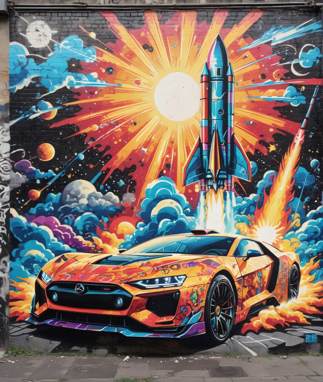 high quality, 8K Ultra HD, Abstract Sunshine Car Futuristic Graffiti Chromatic Rocket, highly detailed,, best quality, ultra high resolution, detailed, raw photo, (ultra sharp) ,more detail XL,DonM3l3m3nt4lXL,arrstyle,3l3ctronics,Ukiyo-e