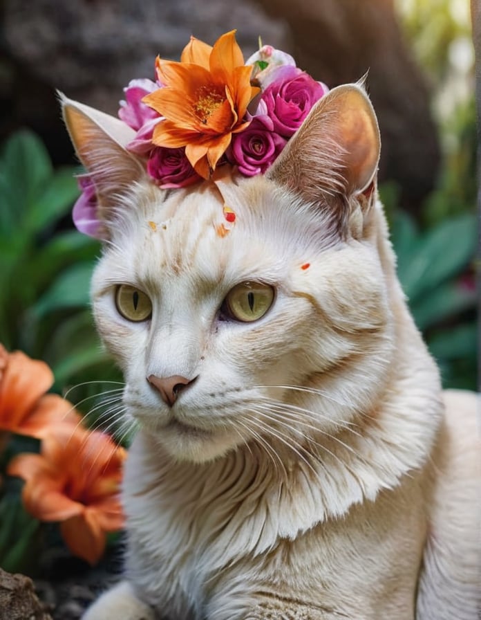 (Best quality), A (photographic shot) (Close up) of a majestic cat ((made completely of flowers)), (Composite and flower skull), perfect contrast, (ultra detailed), (hdr resolution), a wild environment is shown and with vegetation, with exotic tropical plants that shine in neon tones, rock formations in the distance. (Beautiful natural lighting) at dusk. The camera used is a high resolution DSLR with a 100mm macro lens to capture every detail of the flower petals. The photograph is (taken at a lower angle), with a (sharp focus) on its bright colors and the captivating landscape that surrounds it.