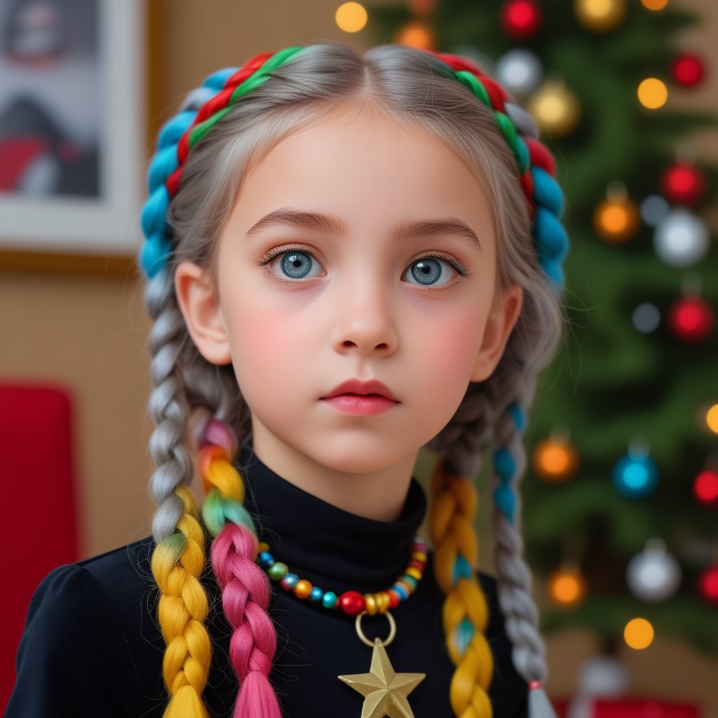 best quality, masterpiece, (futuristic photo of litle panther), colorful hair, grey eyes, national geography style, clothes with Christmas themes, looking up, upper body, hair strand, Fair skin, side braids, (living room decorated for christmas), (acid colors), perfect contrast,<lora:659095807385103906:1.0>