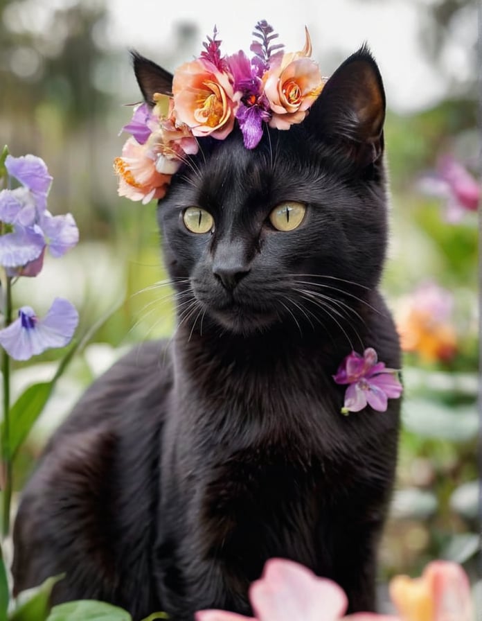 (Best quality), A (photographic shot) (Close up) of a majestic black cat, very blurry, ((made completely of flowers)), (Composite and flower skull), perfect contrast, (ultra detailed), (hdr resolution), a wild environment is shown and with vegetation, with exotic tropical plants that shine in neon tones, rock formations in the distance. (Beautiful natural lighting) at dusk. The camera used is a high resolution DSLR with a 100mm macro lens to capture every detail of the flower petals. The photograph is (taken at a dynamic angle), with a (sharp focus) on its bright colors and the captivating landscape that surrounds it.