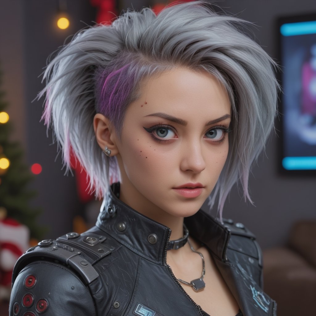 best quality, masterpiece, (futuristic photo of a cyberpunk woman), hyper-realistic, ultra detailed punk hair, grey eyes, fantasy style, clothes with (Christmas themes),, (living room decorated for christmas), (acid colors), perfect contrast,Extremely Realistic,Movie Still,ral-chrcrts,<lora:659095807385103906:1.0>