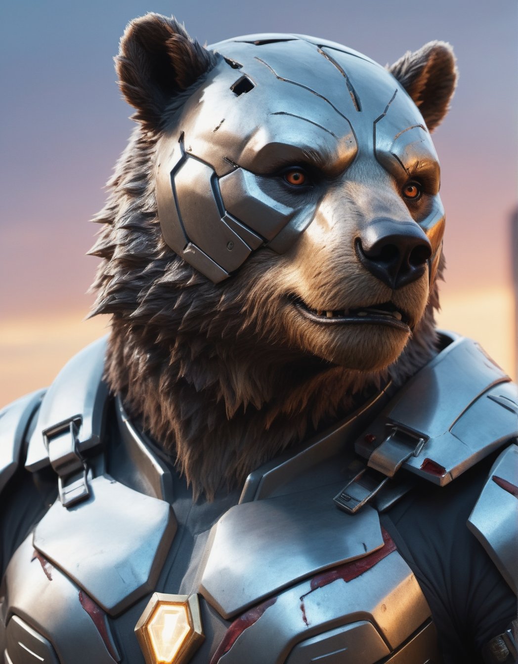 hyper-detailed (dynamic Photographic ultra close up) from (different angles) of a futuristic bear soldier with an (ultra-realistic appearance), (Enhancer textures), (Enhancer anatomy), intrinsic details of your skin and a fierce expressionin with worn metallic futuristic armor, Distressed and damaged appearance, signs of struggle, (Marvel style), in a dystopian urban setting, at sunset, (vivid colors), (perfect contrast), (better lightning),cinematic style,more detail XL