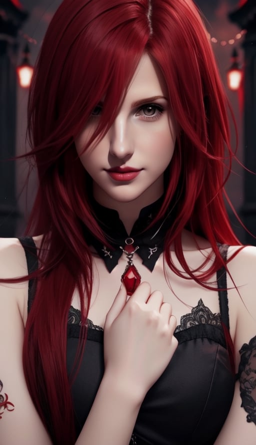 emo hair, emo style, half body, dark, sad, HW2, red_hair, vampire, temple, perfecteyes