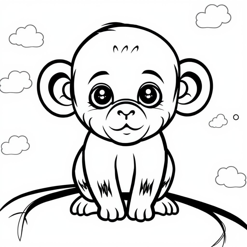 cute baby monkey image in coloring page line art style, no color, only black line art on white background,coloring image