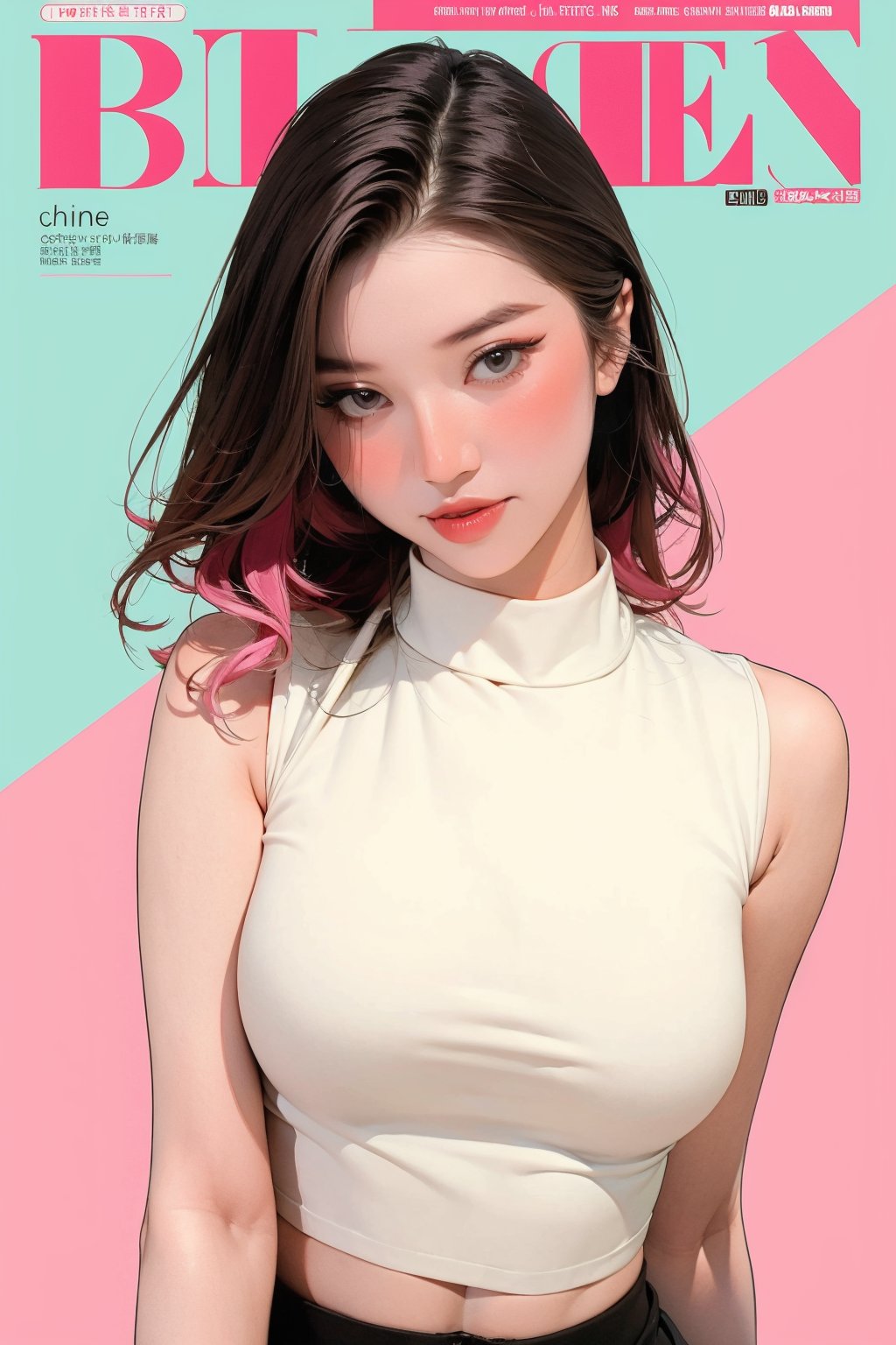 1girl, looking at viewer, styled clothes, turtle neck croptop, sleeveless, hairstyle, sharp focus, magazine cover, coloful background, 2D artstyle, outline, 

chimai,hine,hakil,yuong01,johyun,sim,haohaoulz,kn