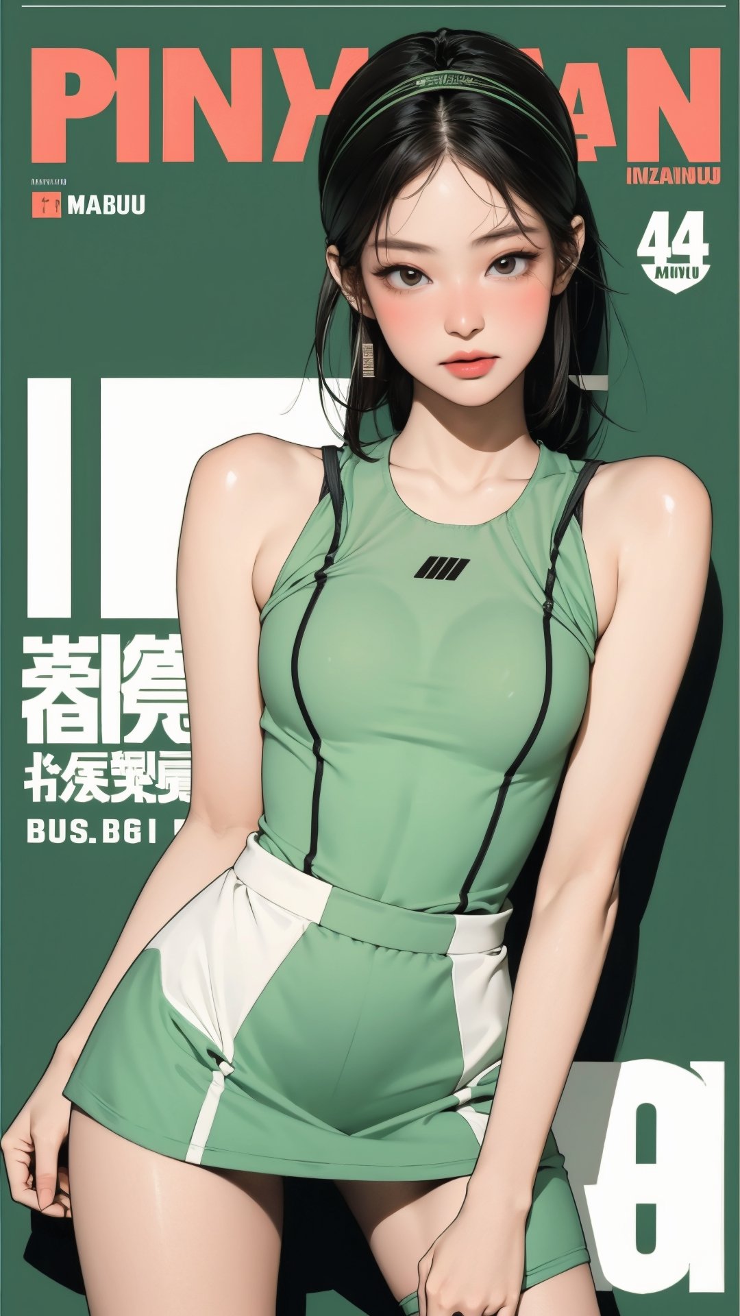 1girl, standing, thigh up body, hairband, ((looking at viewer, tennis girl outfit,)) 2D artstyle, magazine cover, outline, earings, blush, green background, hairstyle, ultra detailed, best quality, sharp focus, kmiu,sim,haohaoulz,aespawinter,huondey,seolhuyn,jennie