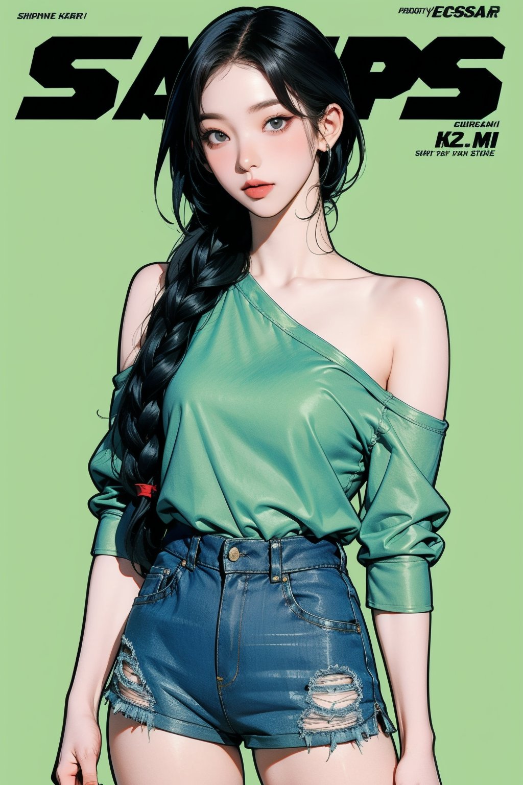 1girl, thigh up body, detailed clothes, kpop idol, shoulder length hair, braided hair, shorts, looking at viewer, sharp focus, magazine cover, green background, ((outline,)) chimai, aespakarina,sanatw