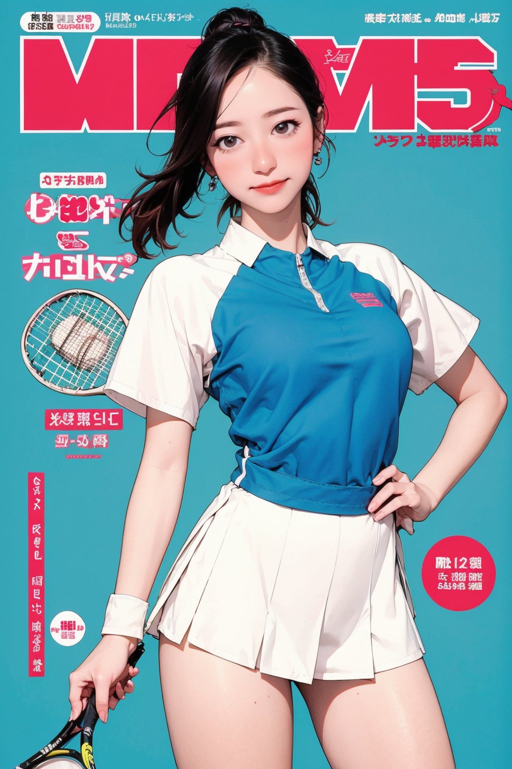 ((tennis girl outfit,)) 1girl, blush, thigh up, looking straight at viewer, earrings, magazine cover, 2D manga artstyle, outline, blue background, hine