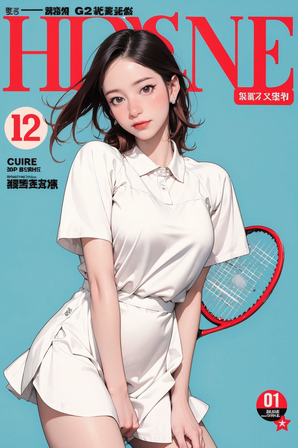 ((tennis girl outfit,)) 1girl, blush, thigh up, looking straight at viewer, earrings, magazine cover, 2D manga artstyle, outline, blue background, hine