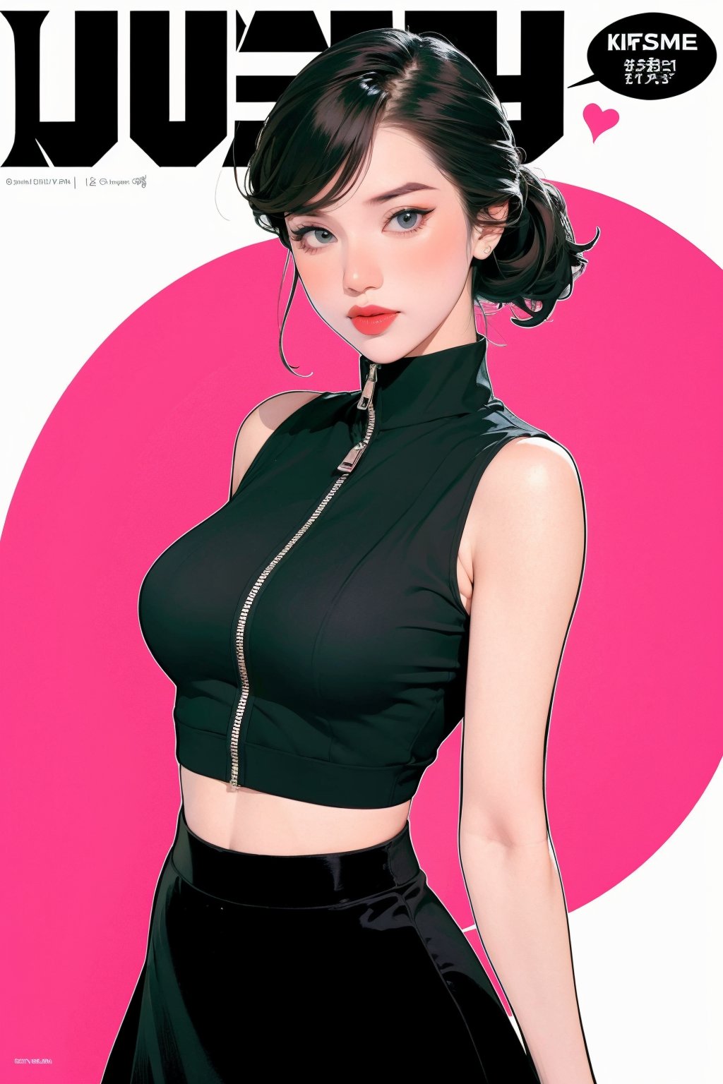 lustful, 1girl, styled clothes, turtle neck croptop, sleeveless, zipped skirt, hairstyle, looking at viewer, sharp focus, magazine cover, coloful background, ((2D artstyle, outline,)) chimai,