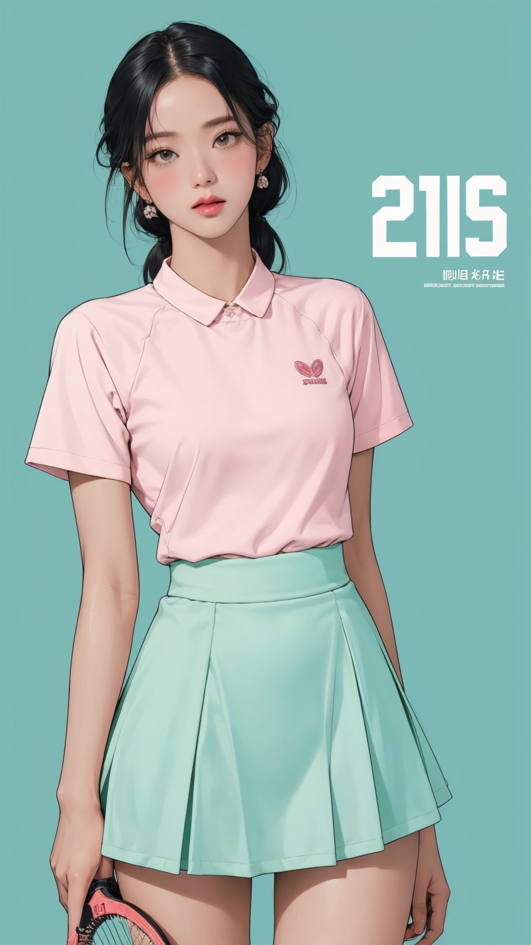 1girl, standing, thigh up body, ((looking at viewer, tennis girl outfit,)) 2D artstyle, magazine cover, outline, earings, blush, green background, hairstyle, ultra detailed, best quality, sharp focus,rosé,jisoo